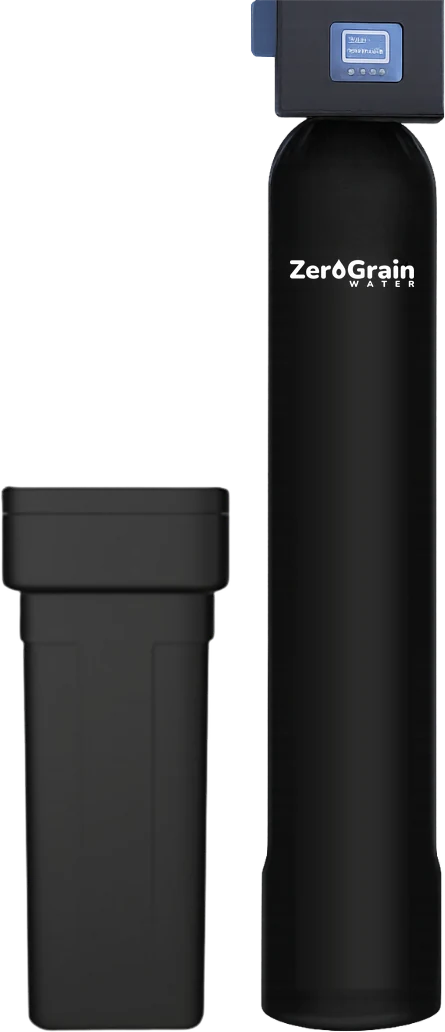 Two black tanks on a white background: the tall softener with its control valve, and the shorter brine tank at its side